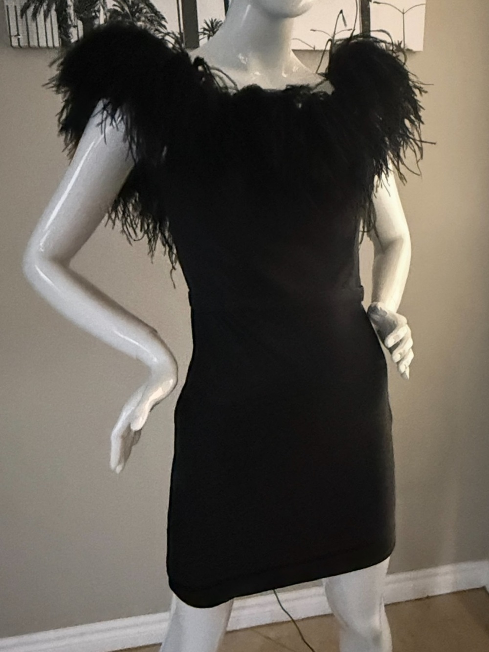 Cinderella Divine Black Ostrich Feather Off Shoulder Dress L